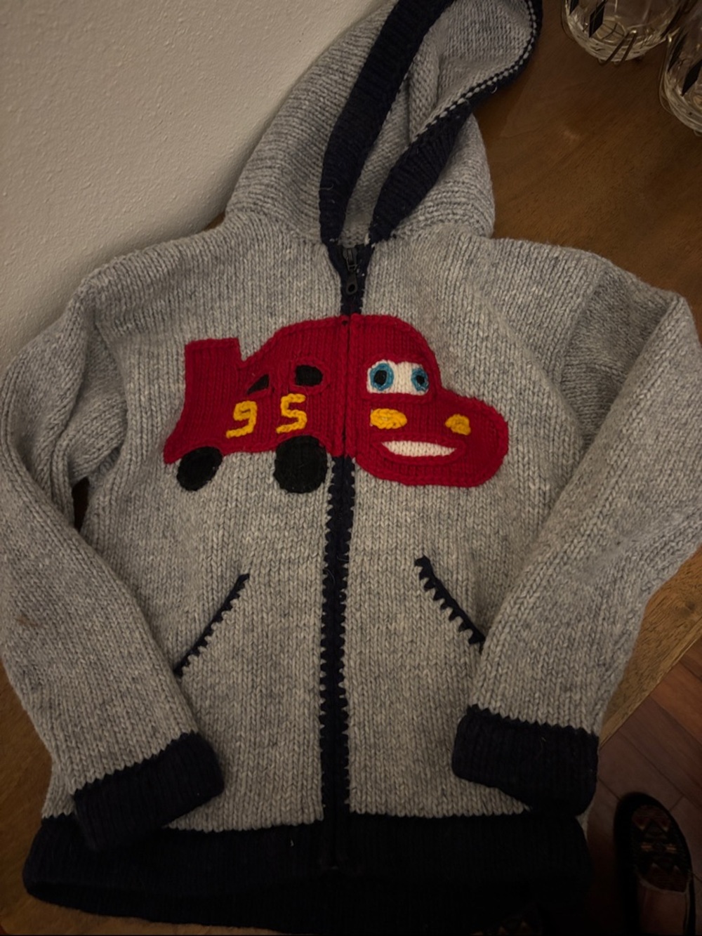 Gray Hooded Kids 100% Wool Zip Hoodie Sweater with Red Car Made in Ecuador - 6/7